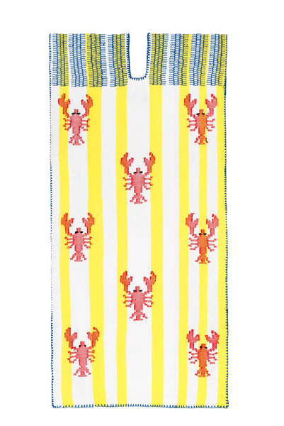 A rectangular woven textile with a yellow and white vertical stripe pattern, decorated with pink-orange lobster motifs and a blue and green striped border at the top.