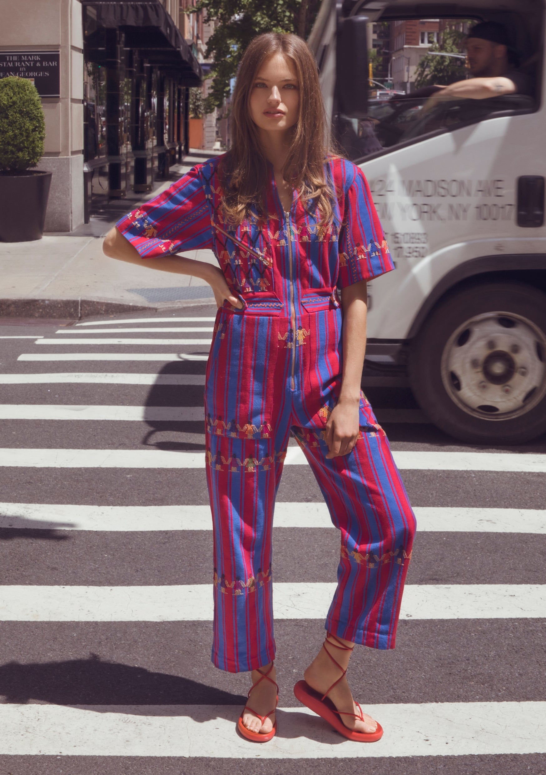 Red and blue striped jumpsuit hot sale